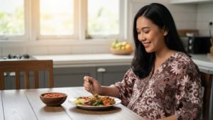 Seorang ibu hamil makan sambal dengan ekspresi wajah bahagia, menunjukkan cara menikmati makanan pedas yang aman selama kehamilan